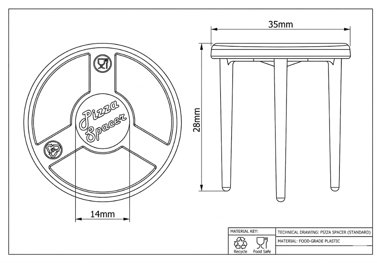 Pizza Saver technical drawing - dimensions and specs of the pizza box support